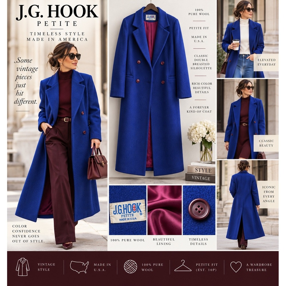 Vintage J.G. Hook Petite 10P Wool Coat Cobalt Blue Double Breasted Long USA